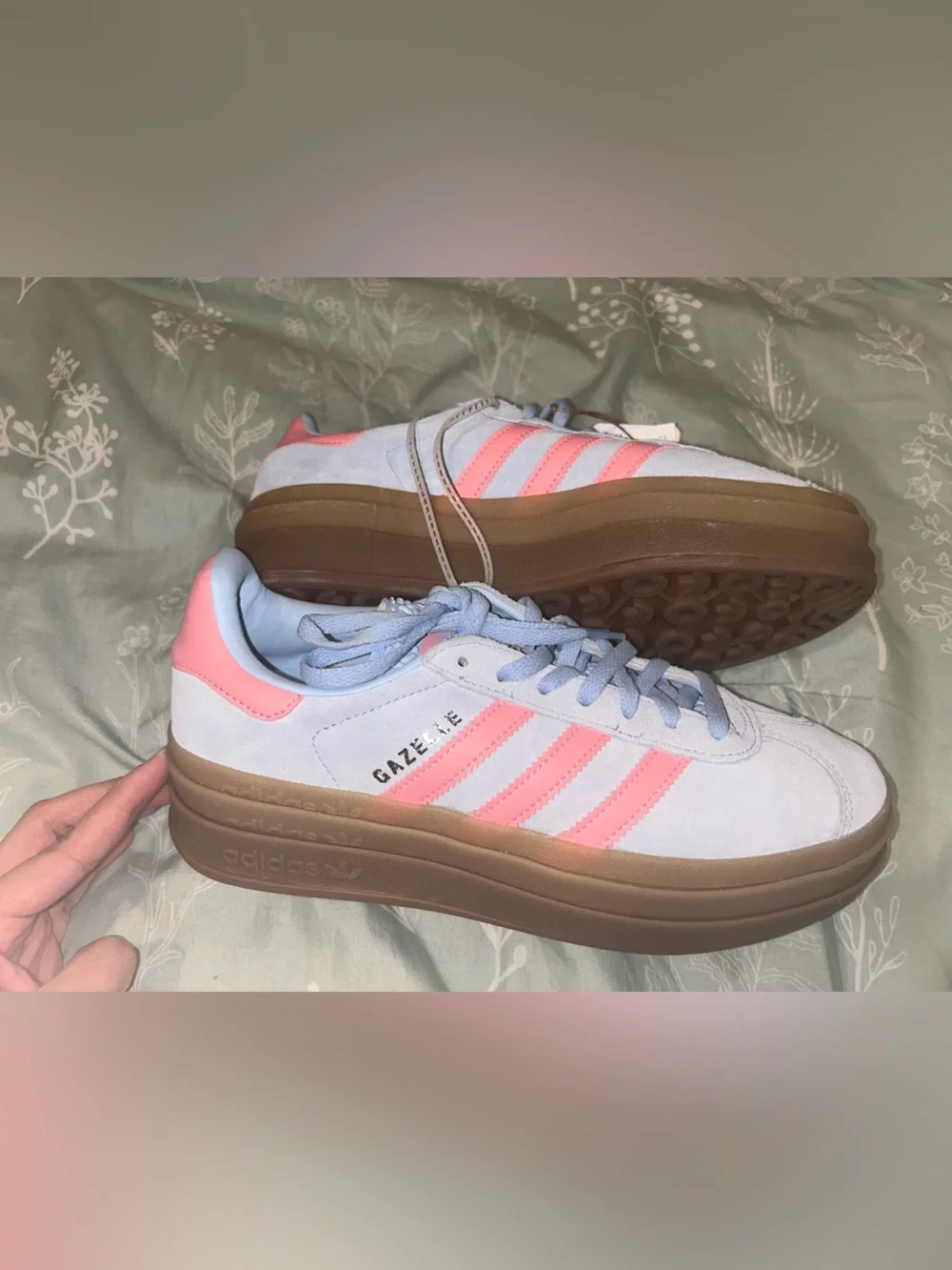 adidas Gazelle Platform Sneakers - Light Blue with Pink Stripes